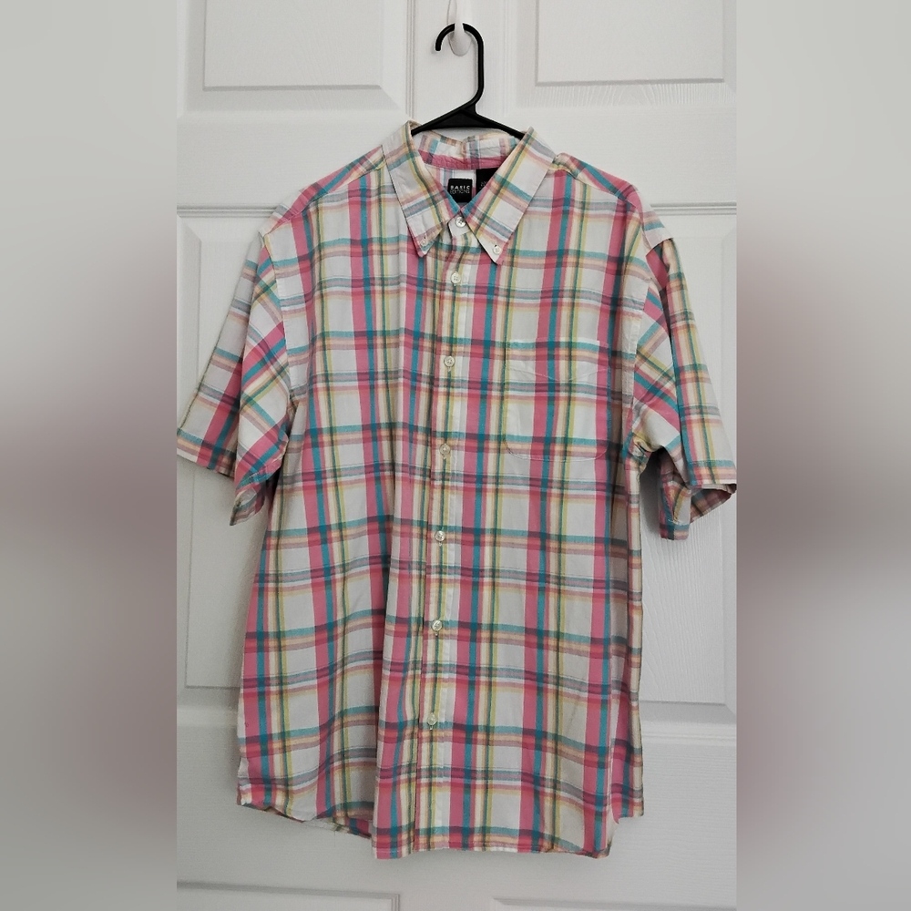Men's Basic Editions Pink and Green Multicolor Plaid Shirt